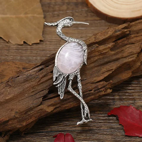 Брошь птица из натурального камня