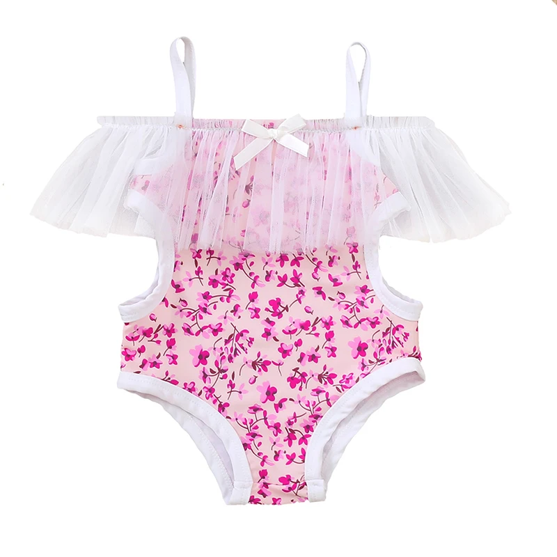 

2022 Summer Toddler Kids Girls 1- Piece Monokini Spaghetti Straps Tulle Mesh Cover Sides Cut-out Floral Printed Swimwear