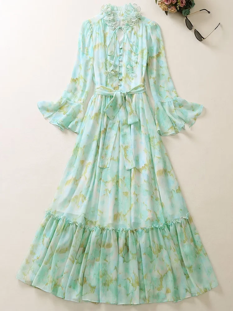 

2023 Summer New Big Swing Designer High Quality Chiffon Flare Sleeves Casual Party Elegant Print Fashion Midi Dress