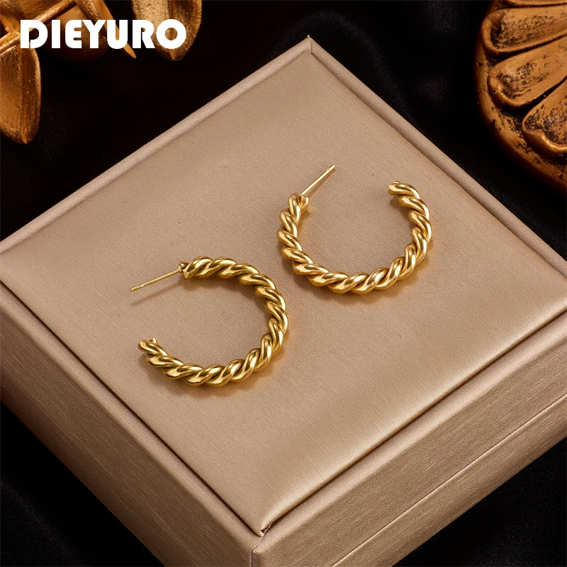 

DIEYURO 316L Stainless Steel Gold Color Twist C Shape Stud Earrings For Women New Trend Girls Ear Jewelry Party Wedding Gifts