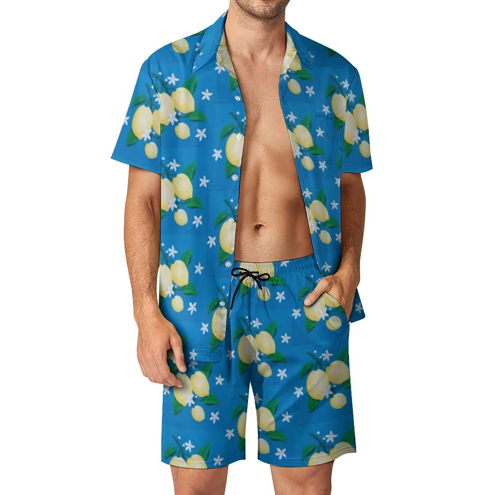

Lemon Blossom Men Sets Floral Print Casual Shorts Summer Hawaii Beachwear Shirt Set Short Sleeve Big Size Suit Gift