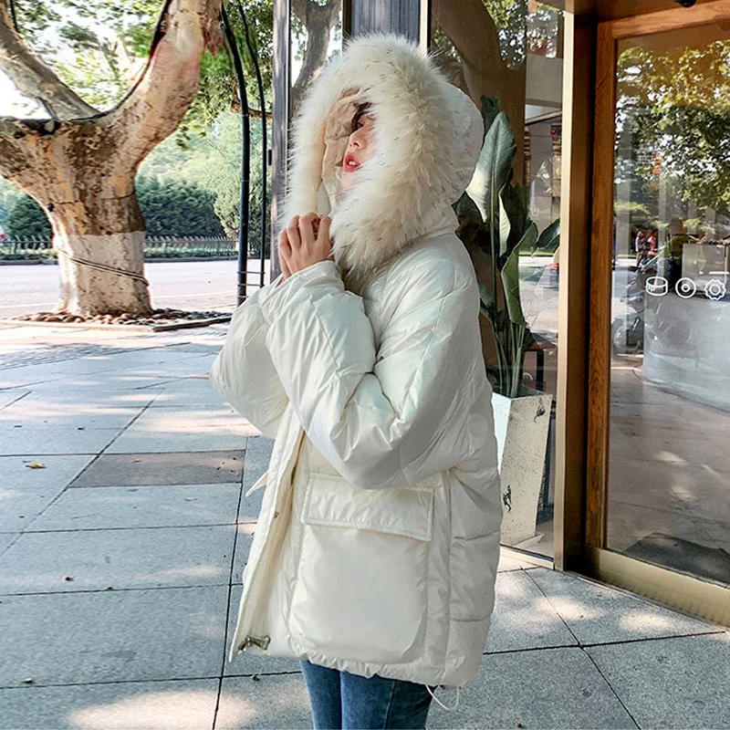 2021 New Women Clothing Cotton Coat Hooded Big Fur Collar Warm Outwear Glossy Loose Thick Padded Jacket Ladies Winter Coat Parka