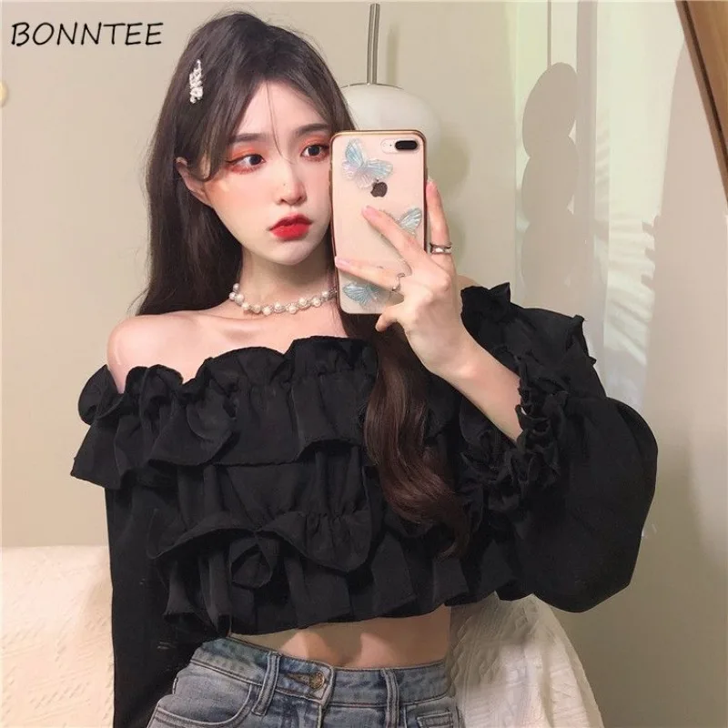 

Slash Neck Blouses Women Vintage Temper Female Mature Summer Thin Ruffles Design Aesthetic New Korean Style Slim Hotsweet Tops