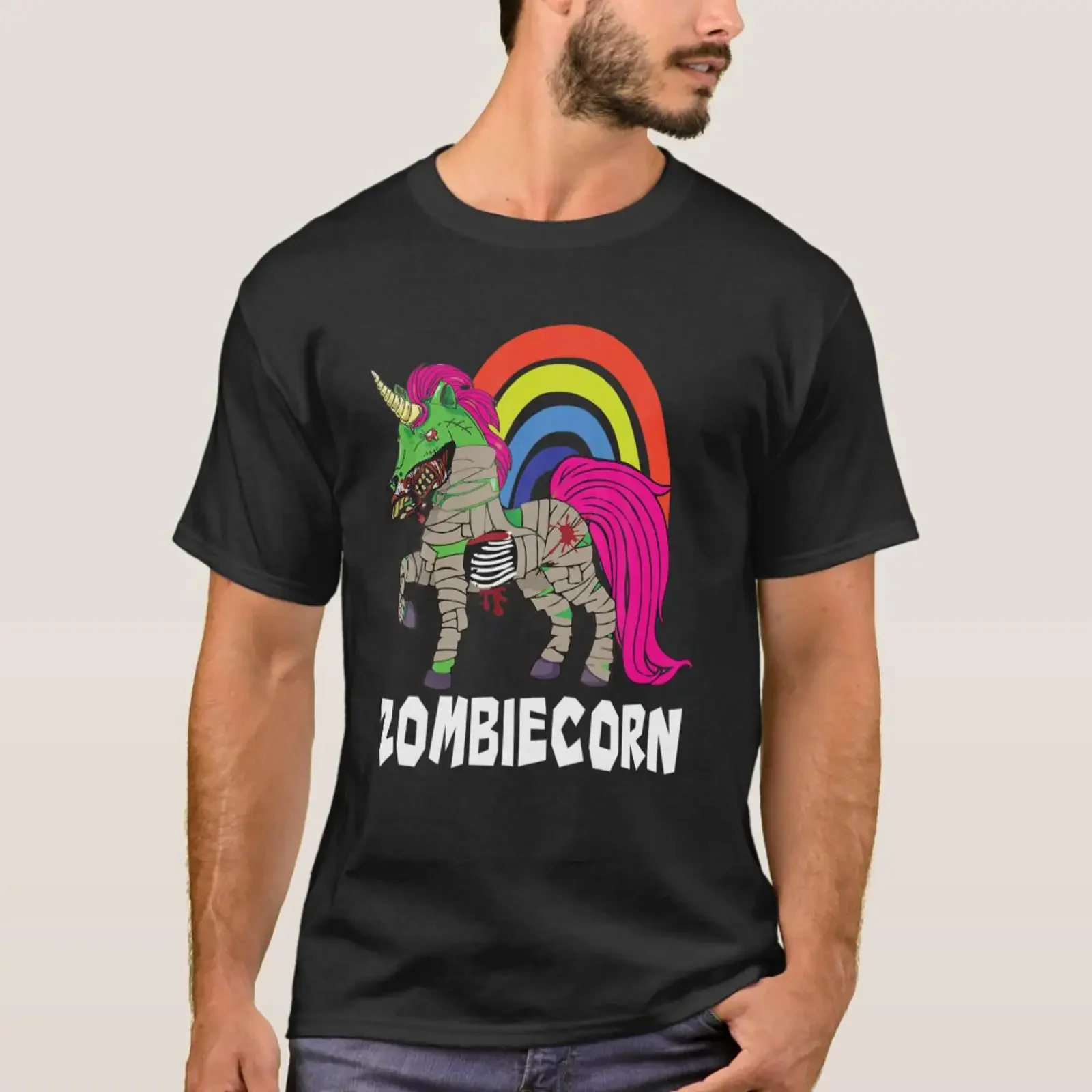 Фото Футболка Zombiecorn Zombie Unicorn Halloween Skel в винтажном стиле, с эффектом потертости, для уличной моды, универсальная, удобная, стильная, повседневная, дышащая №1