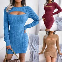 2022 autumn and winter european and american sexy hollow round neck twist solid color long sleeved hip pack sweater skirt women