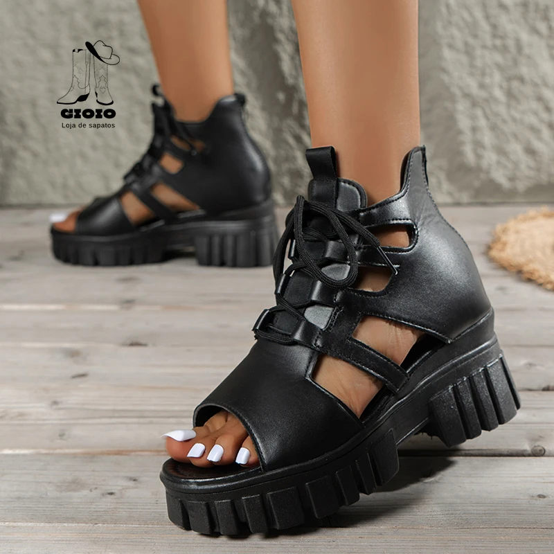 

Hollow Out Ankle Boots Women Breathable Punk Black Thick High-heeled Bottom Sandals Pu Leather Open Toe Roman Shoes Fish Mouth