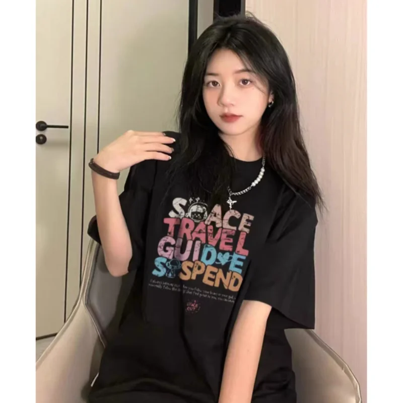

2023 Summer New Women's T-Shirt Cute Casual Black Fashion O-Neck Pullover Short Sleeve Printed Loose Daily Tops Design Clothes