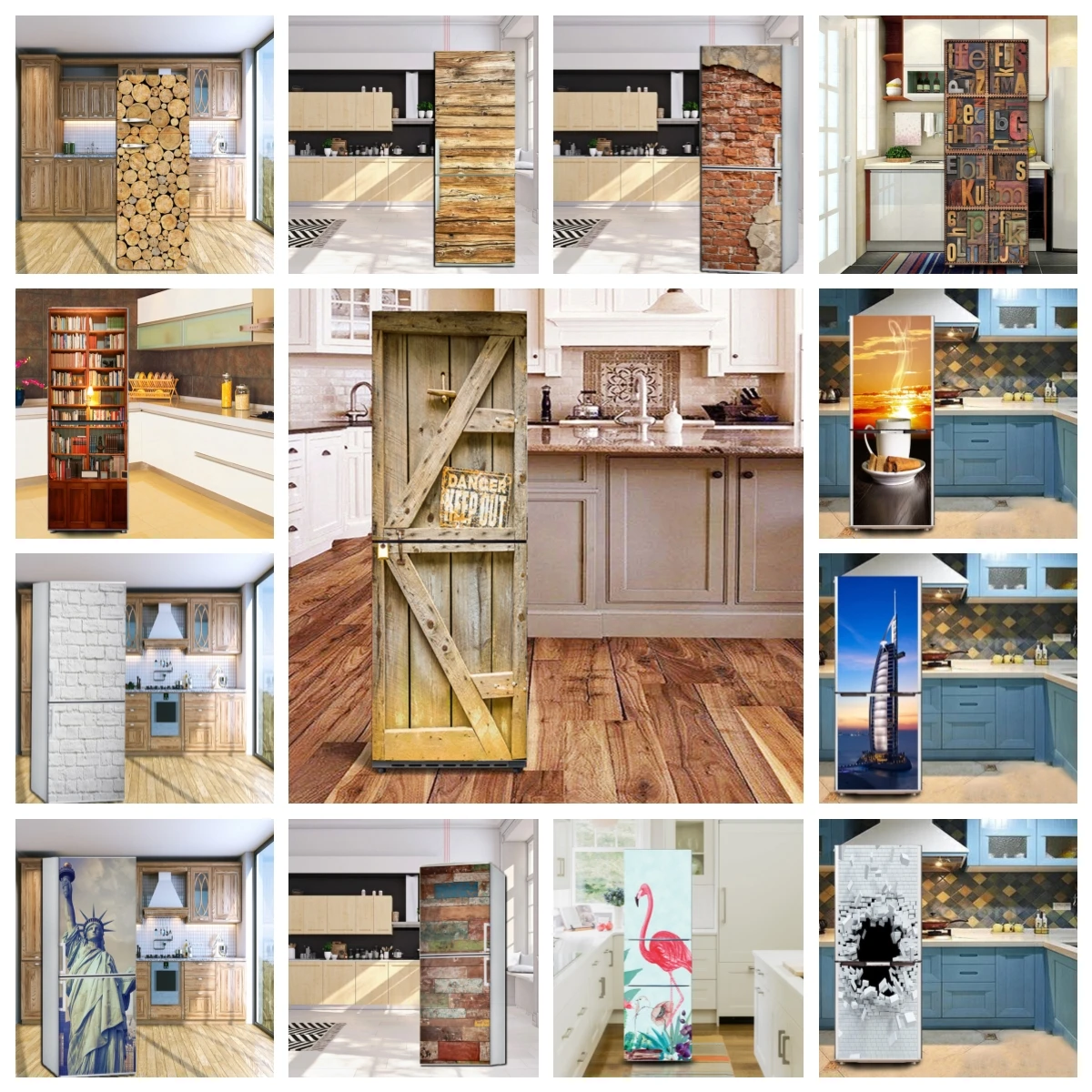 

Vinyl Wood Fridge Stickers Wallpaper Brick Bookcase Refrigerator Door Decoration Cover Letters Flamingo Furniture Poster Wall 3d