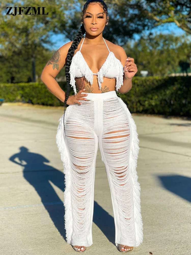 

Женский вязаный крючком комплект Y2k из двух предметов, бюстгальтер с лямкой на шее и открытой спиной и прозрачные облегающие брюки с вырезам...