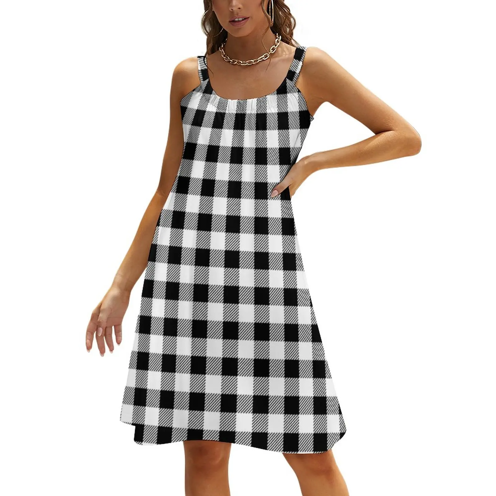 

Платье с шахматным принтом, белые и черные клетчатые эстетические платья, без рукавов, трапециевидный сарафан в стиле бохо, Женское Платье о...