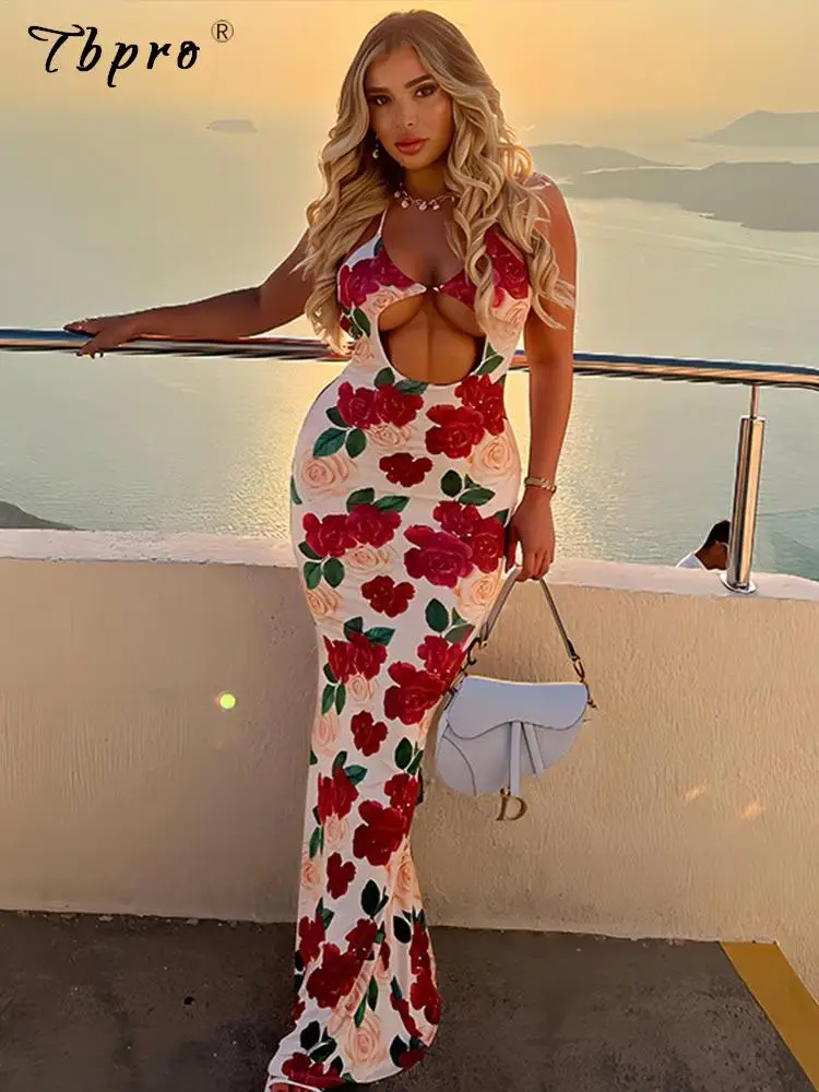 

Women Floral Printed Hollow Out Long Dress Sexy Spaghetti Strap Sleeveless Slim Dress 2022 Female Vacation Beach Bodycon Robe