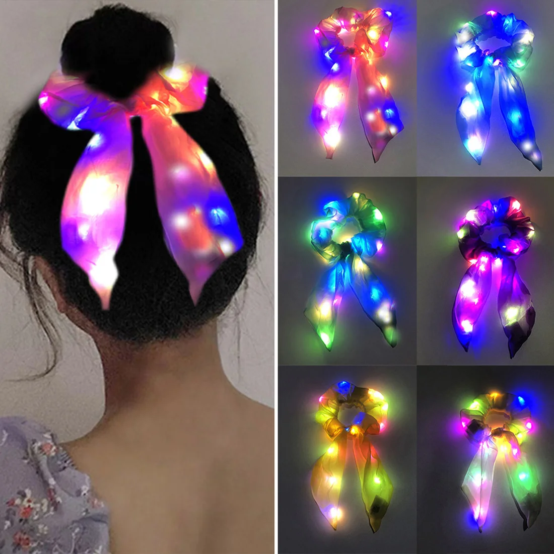 

LED Bright Flashing Satin Large Intestine Hair Ring Nightclub Bar Dance Club Luminous Hair Accessories Luminous Headdress Women