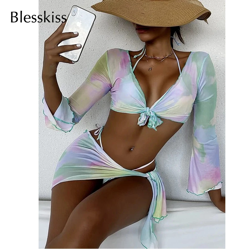 

BLESSKISS 4 Piece Sexy Bikini Set Women's Swimsuit 2023 Summer Long Sleeve Cover Up Beachwear String Swimwear Women Bathing Suit
