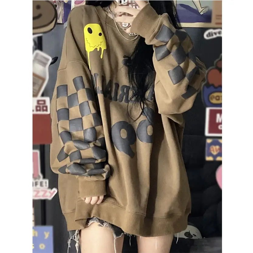 

All-match Lazy Style Spring and Autumn Thin Section Simple Loose Checkerboard Round Neck Pullover Fashion Trend Casual Top