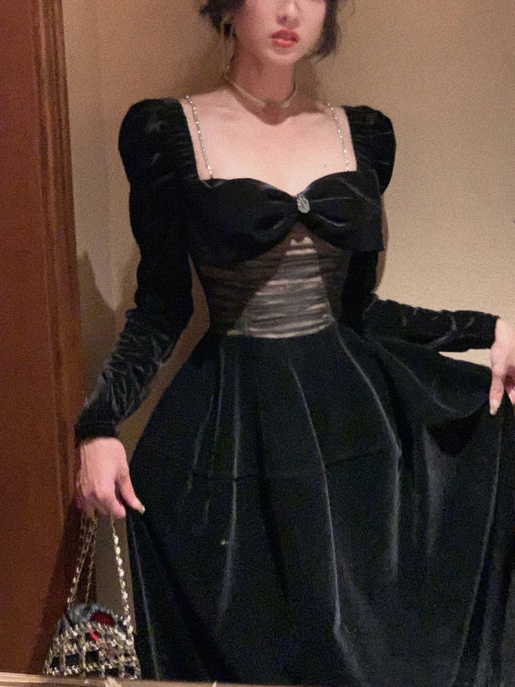 

Зимнее цельное платье 2022, корейское женское черное Модное Элегантное бархатное платье, женское винтажное вечернее платье средней длины с длинным рукавом