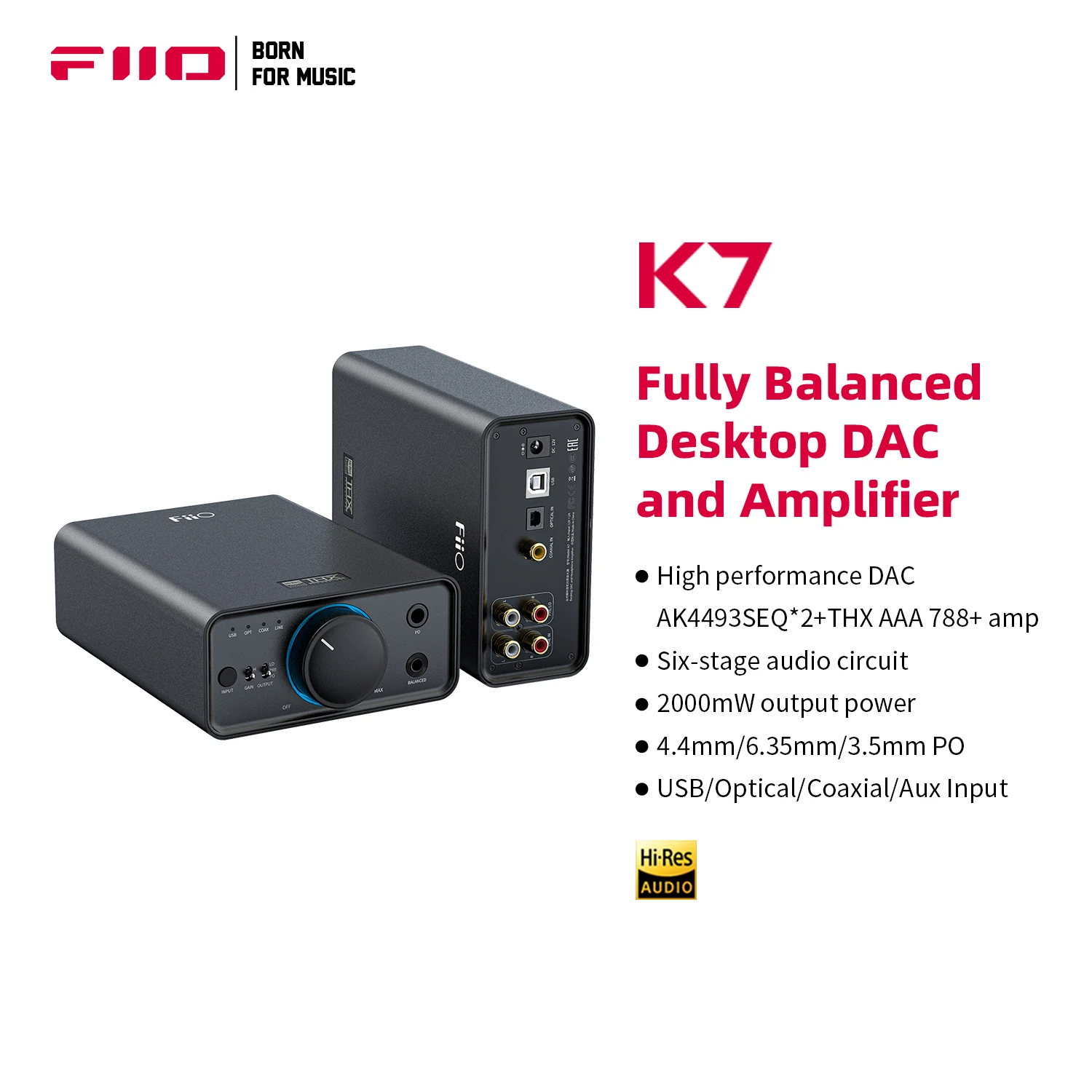 FiiO K7 Balanced HiFi DAC Headphone Amplifier AK4493S*2, XMOS XU208 PCM384kHz DSD256,USB/Optical/Coaxial/RCA Inputs