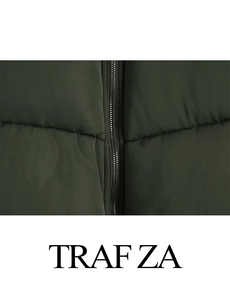 TRAF ZA Women's Winter Thick Jacket Retro Casual Jacket Solid Color Hooded Turtleneck Coat Zip Pocket Thermal Top Mujer
