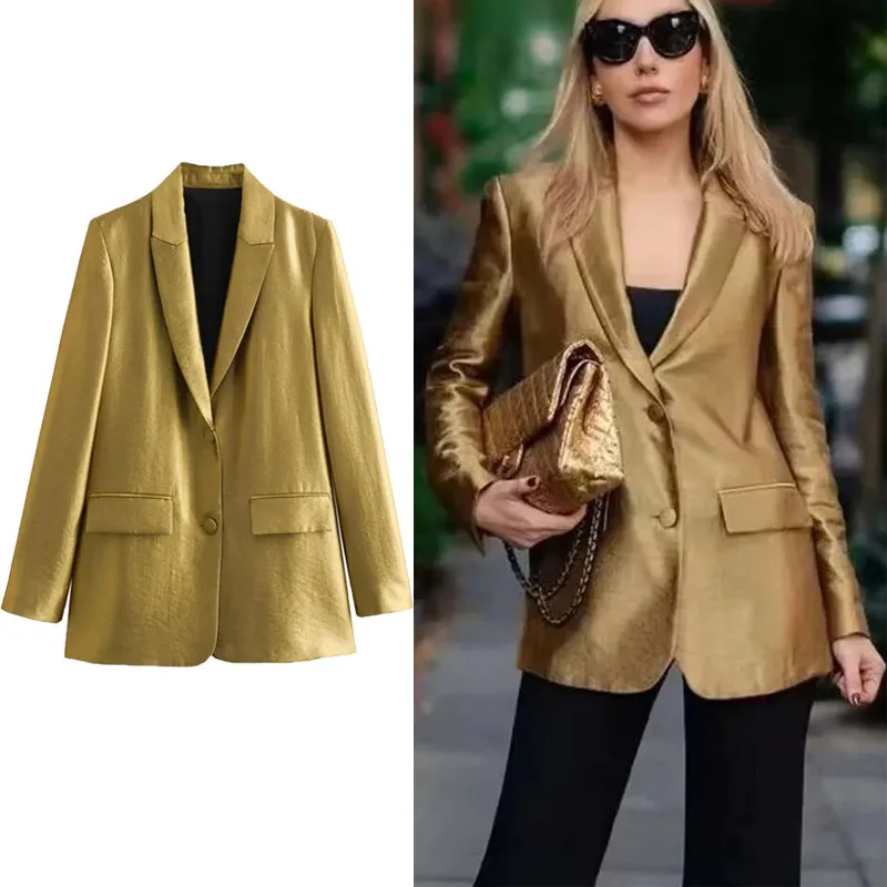 

TRAF Woman Gold Straight Cut Blazer Lapel Long Sleeves Blazer Coat Autumn Fashion Commute Single Breasted Loose Casual Outerwear