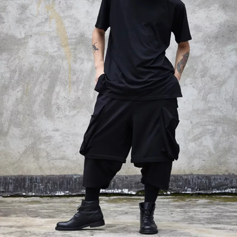 

Men's Imitation Two-Piece Wide Leg Pants Original Design Hair Stylist Men's Pants Dark Large Pocket Casual Pants