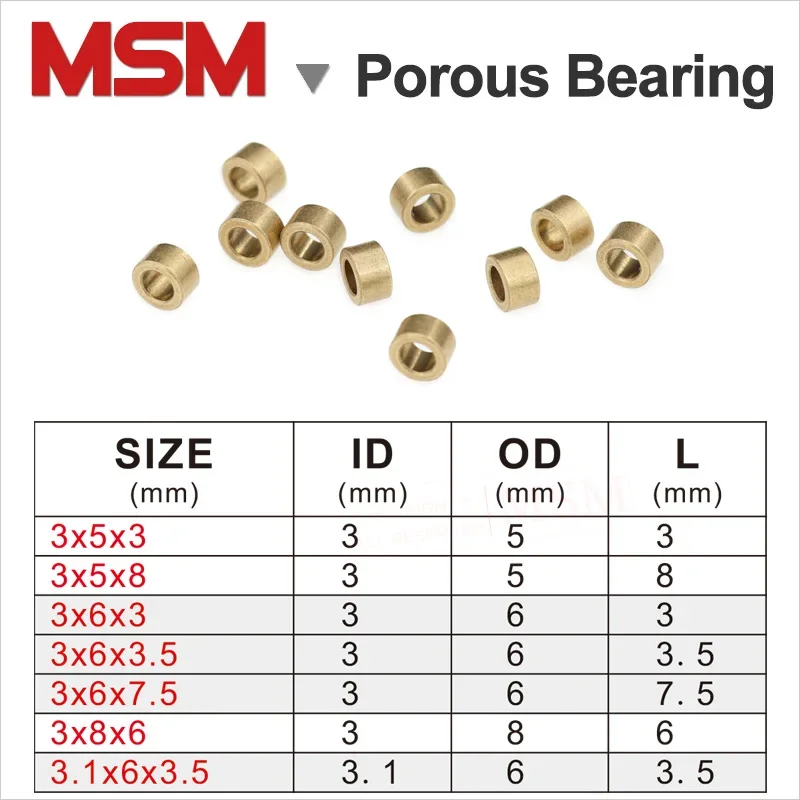 

10 шт. Пористые подшипники Tin Bronze 3x5x3/3x5x8/3x6x3/3x6x3.5/3x6x7.5/3x8x6 мм