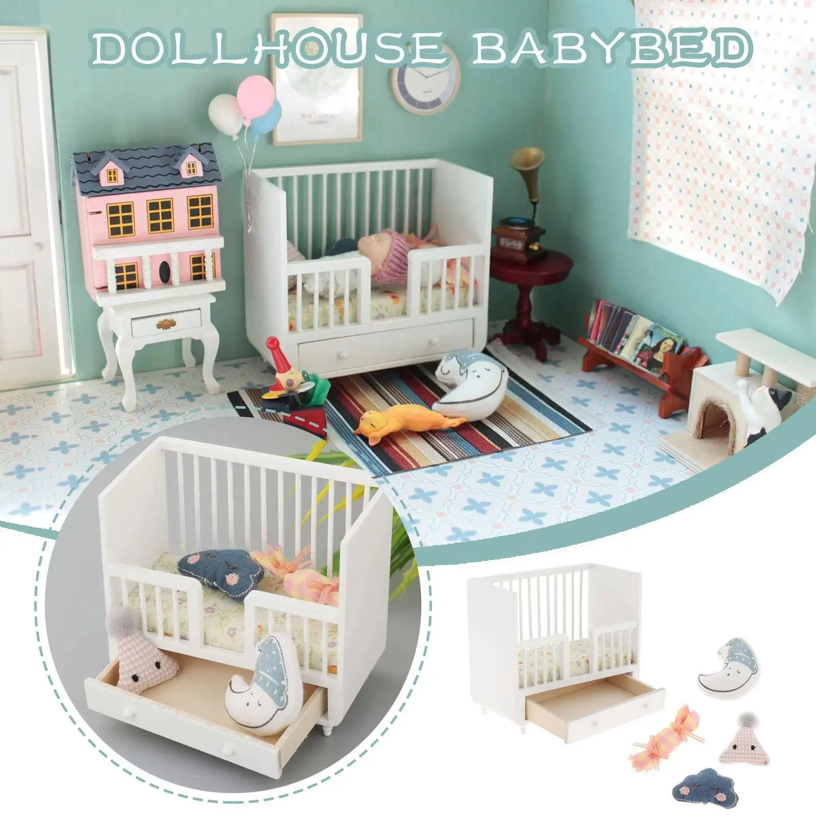 

Miniature Baby Bed Dollhouse Furniture White Wooden Pillows Bed Baby Crib Decor With House Accessories Mini 4pcs Cradle Dol D6h2