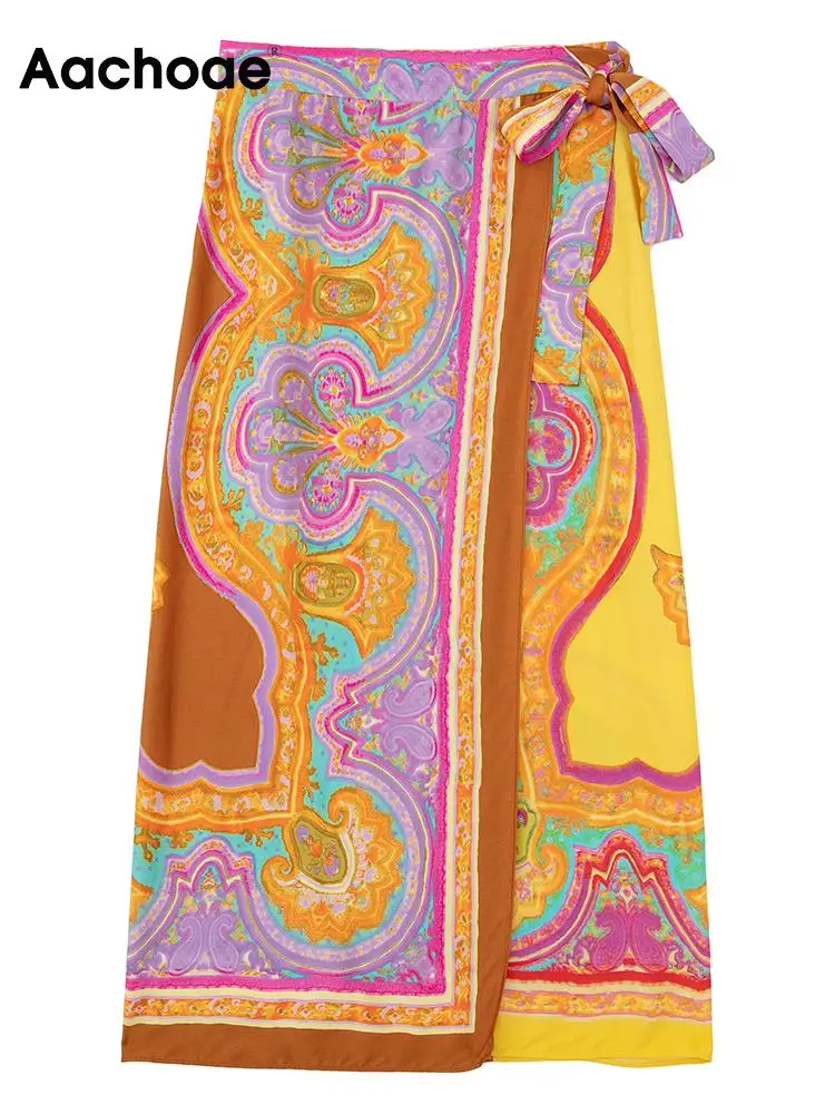 

Aachoae Summer Women Vintage Flroal Printed Midi Skirts Fashion High Waist Side Bow Knot Skirts Ladies Casual A Line Skirts