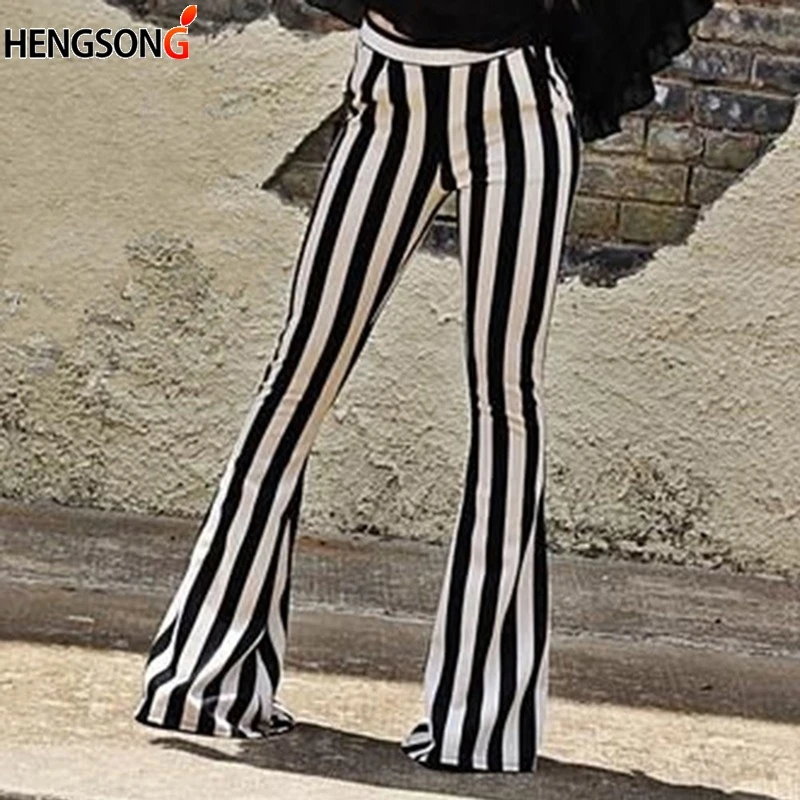

New Women Pant Fashion Striped Flared Pant Casual Pocket Slim Fit Mid Waist Black White Stripes Pants Trousers Pantalon Femme