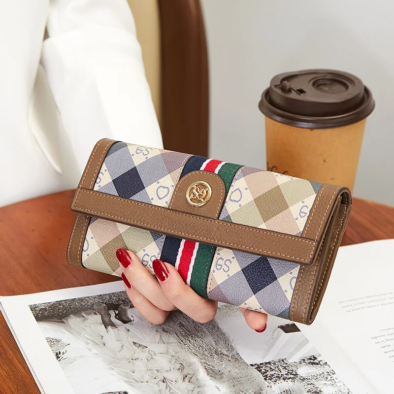 2023 Genuine Leather Women Wallets Brand Design Stripe Ribbon Clutch Bag First Layer Cowhide Long Purse Plaid Female Wallet