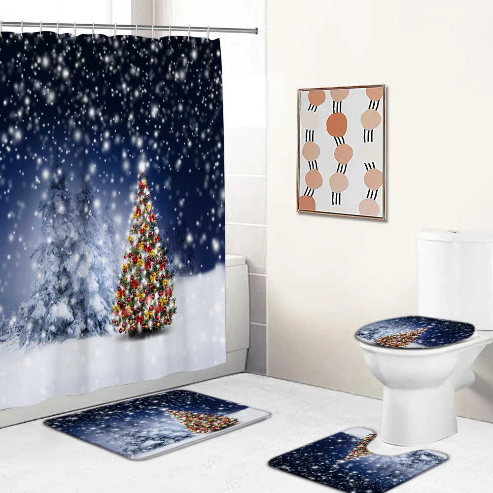 

Merry Christmas 3D Print Shower Curtain Sets Non-Slip Rugs Toilet Lid Cover Bath Mat Snowflake Christmas Tree Bathroom Curtains