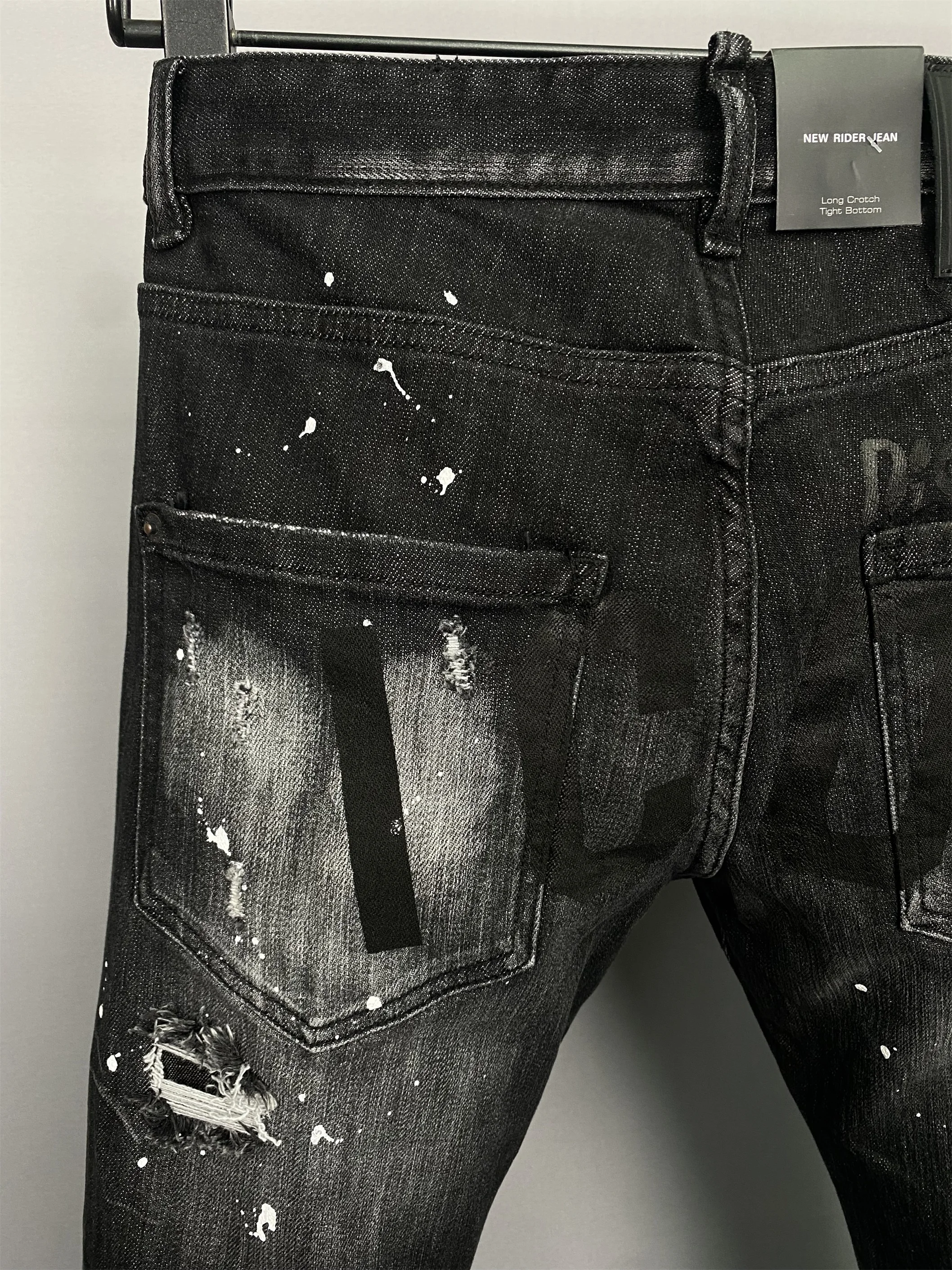 2023 New D2 Jeans Men's Slim Fit Splicing Worn Patches Paint Micro Elastic Feet D2 Men's Wear Hole