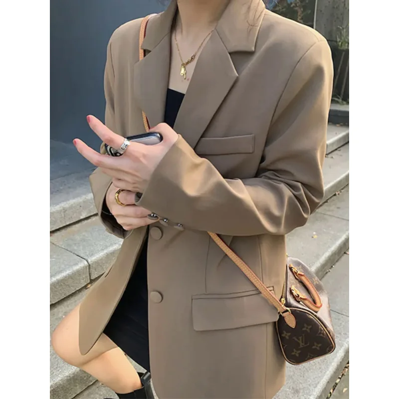 

Elegant Khaki Blazer for Women 2023 New External Clothes Autumn Korean Fashion Small Blazers Women's Casual Long Sleeve Top Coat