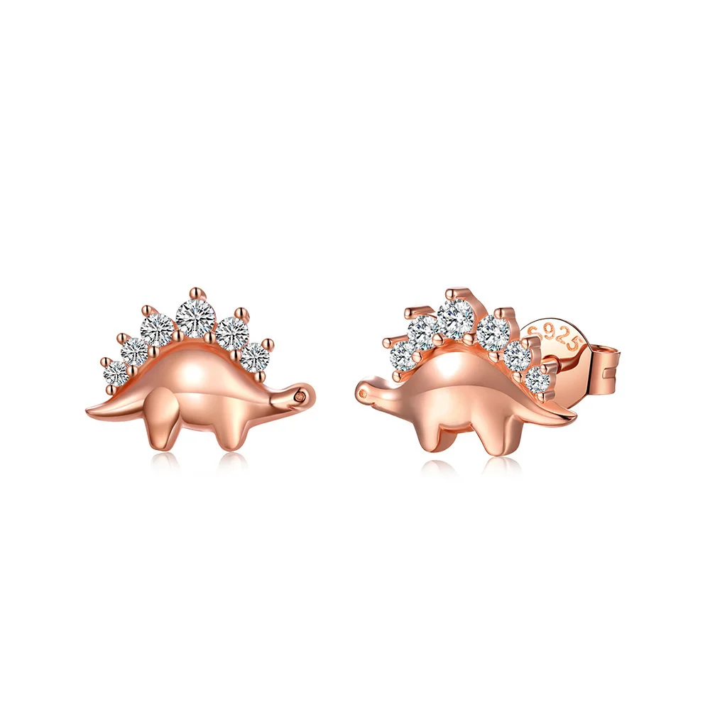 

925-Sterling-Silver Funny Small Stegosaurus Dinosaur Earring Cubic Zirconia Rose Gold Stud Earrings Jewelry for Women Girls Gift