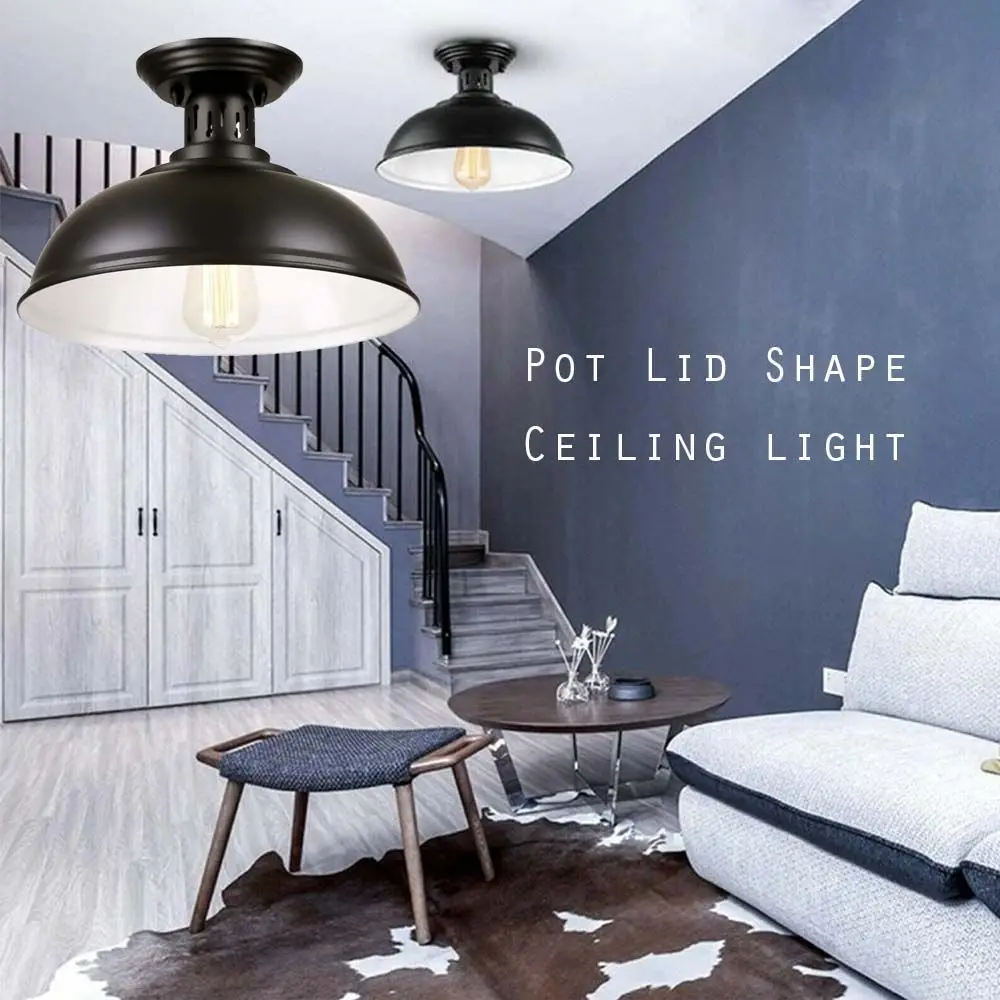 

Black Vintage Metal Ceiling Plate Light Pot Lid Shape Holder Industrial Retro Pendant Lamp Shade
