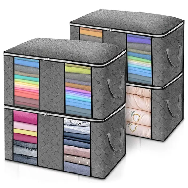 

4Pcs/Set Foldable Clothes Quilt Storage Bags Blanket Sweater Storage Organizer Box Sorting Pouches Clothes Grey