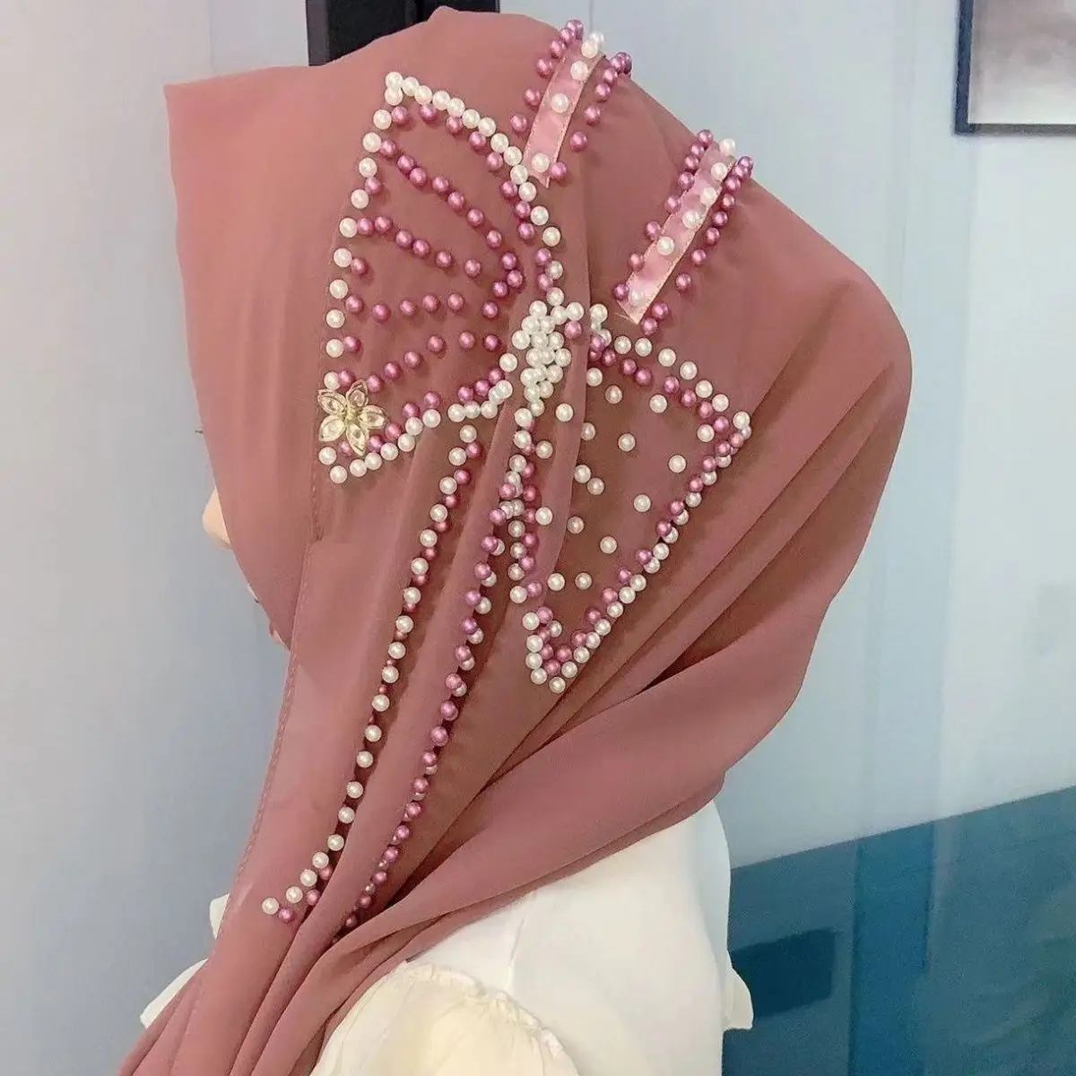 Butterfly Pearl Bubble Chiffon Hijab Muslim Woman Veil Long Musulman Femme Shawl Soft Instant Hijabs for Women Full Cover Scarfs