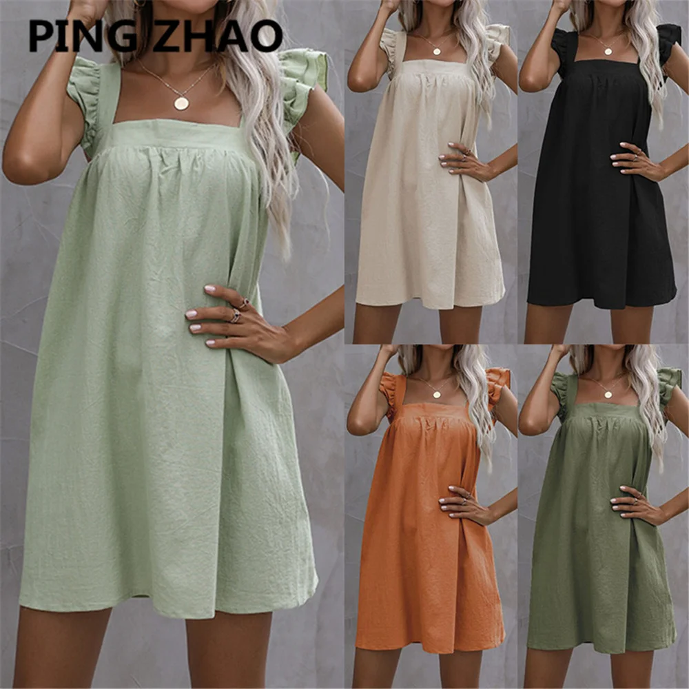 

PING ZHAO 2022 Solid Color Mid-length Skirt Commuter High Waist Ruffled Flying Sleeve Dress Flounced Edge Summer Dress