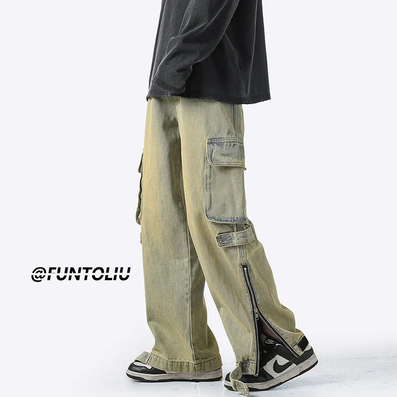 3 Colors Baggy Cargo Jeans Men Fashion Casual Loose Pocket Jeans Men Streetwear Hip Hop Straight Denim Pants Mens Trousers M-2XL