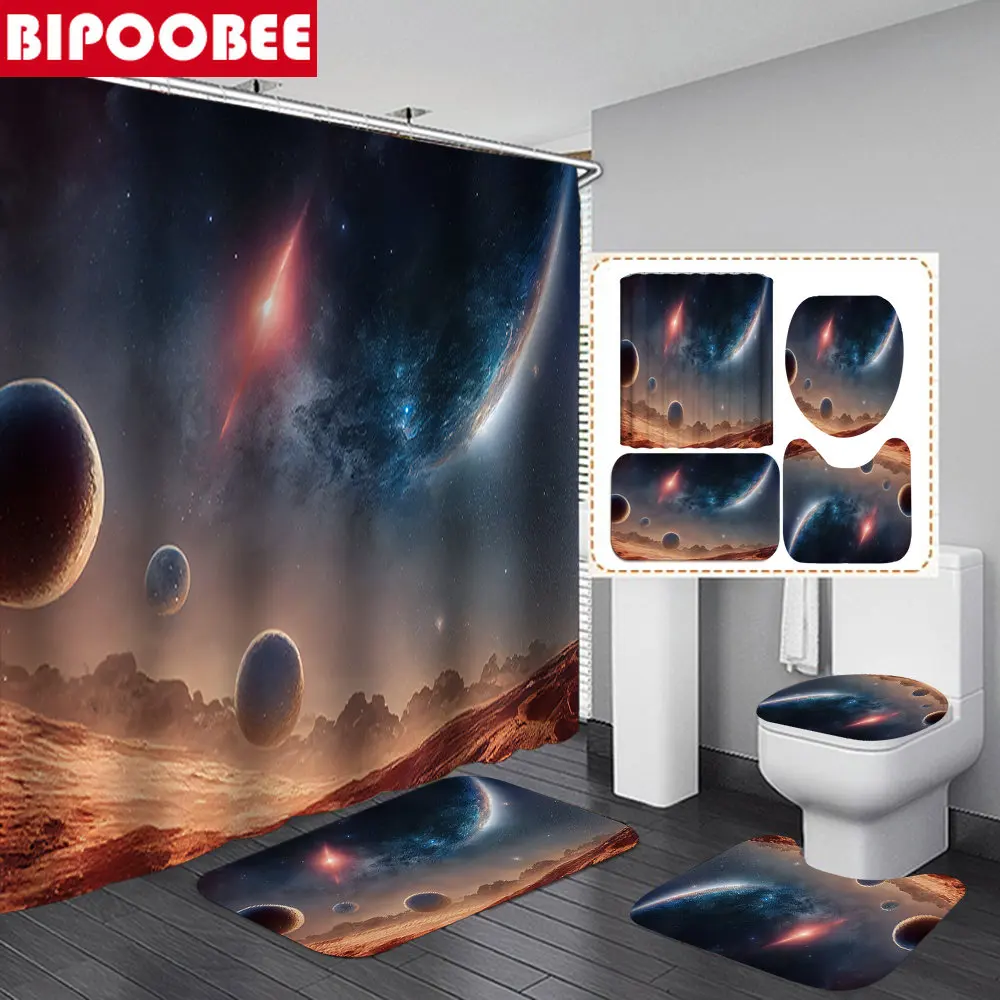 

Universe Stars Pattern Bathroom Curtain Polyester Fabric Shower Curtains Set Bath Mats Pedestal Rugs Non-Slip Carpet Home Decor