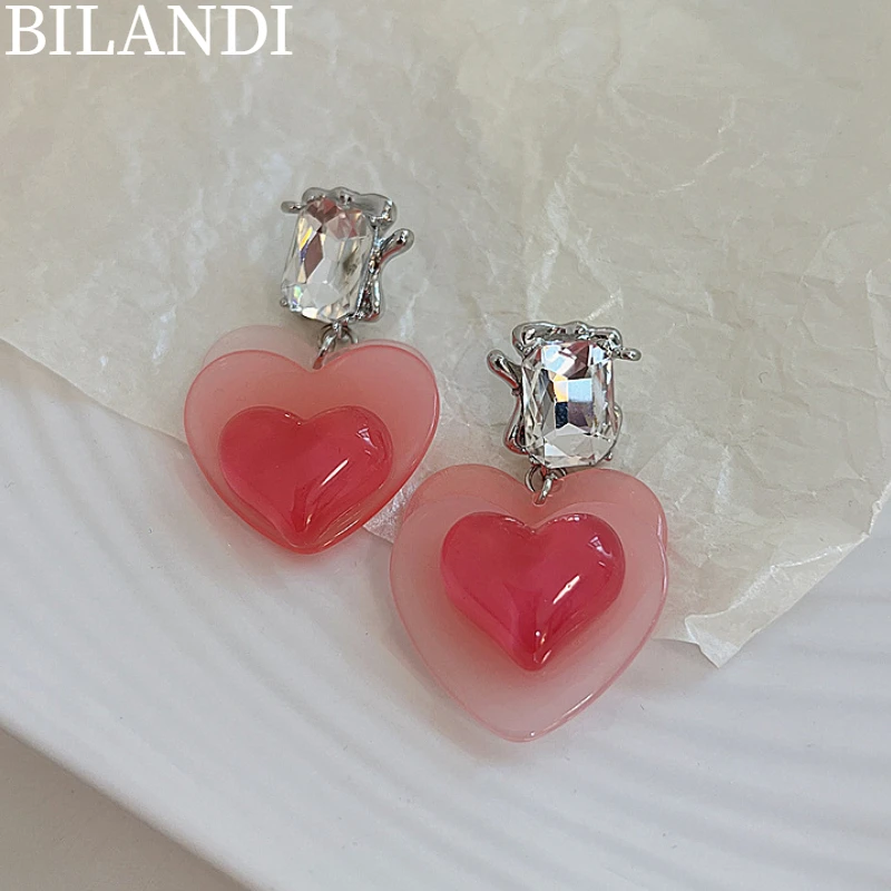 

Bilandi S925 needle Women Jewelry Pink Heart Earrings 2022 New Trend High Quality AAA Zircon Drop Earrings For Women Gifts