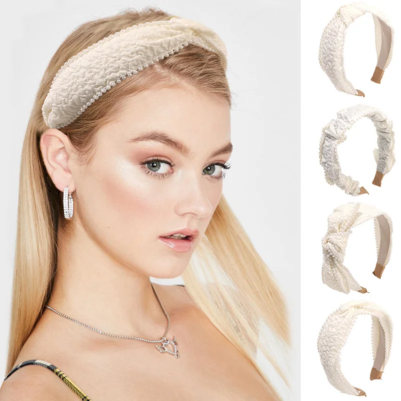 Fashion Solid White Pearl Bowknot Headband for Women Girls bezel headwear Crinkle Hairband  Hair Hoop Hair Accessories Headdress