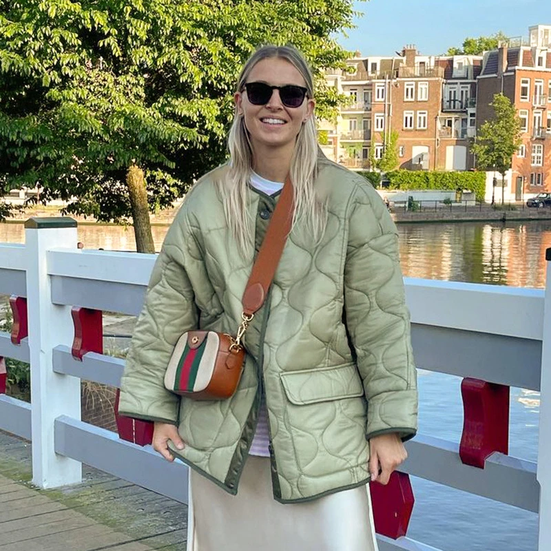 Women's Jacket Cotton Padded Seam Pocket Panel Button Long Sleeve Top High Street Casual Autumn Winter Women's Padded Clothes