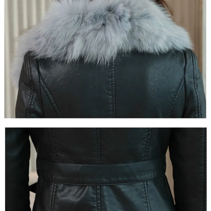 Women's Leather Jacket for Winter 2022 New Plus Velvet Warm Slim Big Fur Collar Long Leather Coat Female Outerwear Winter Coats