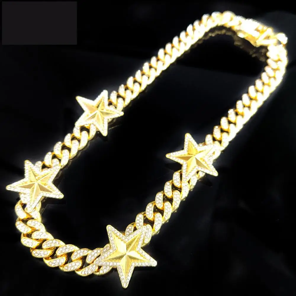 

2022 New Gorgeous Heavy Solid Metal Women Cuban Chain Iced Out Bling 5a Cz 12mm Cuban 4pcs Pentagram Charms Rock Necklace 60cm