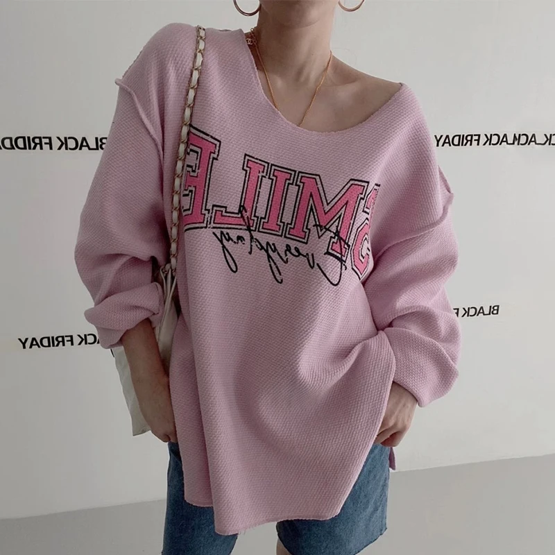 

Корейская шикарная Осенняя Повседневная Свободная Толстовка с круглым вырезом и спущенными плечами с буквенным принтом и длинными рукавами