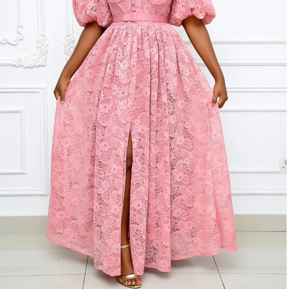 Party Dresses New High-waisted Temperament Lady Pink Dress Fashion Princess Dress Solid Elegant Plus Size Woman Dress NO BELT