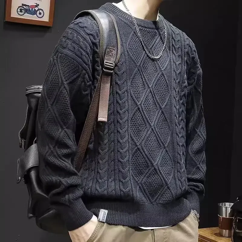 Свитер мужской вязаный с круглым вырезом брендовый Однотонный пуловер