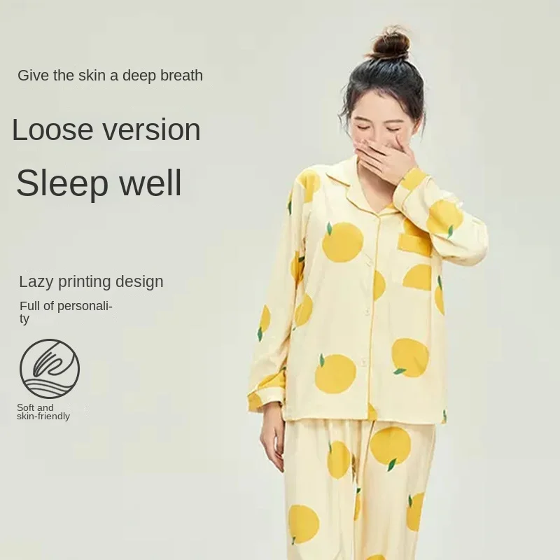 Spring / Summer New Cotton Long-sleeved Trousers Ladies Pajamas Suit 2XL Plus Size Long Sleepwear Women's home Nightwear