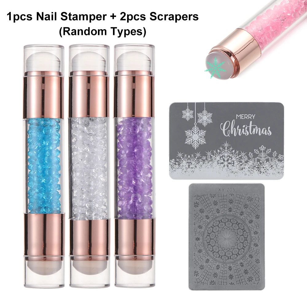 

3Pcs Dual-ended Diamond Nail Art Stamper Silicone Head Image Stencil Tool With Scraper For Stamping Plate Clear White DIY Design