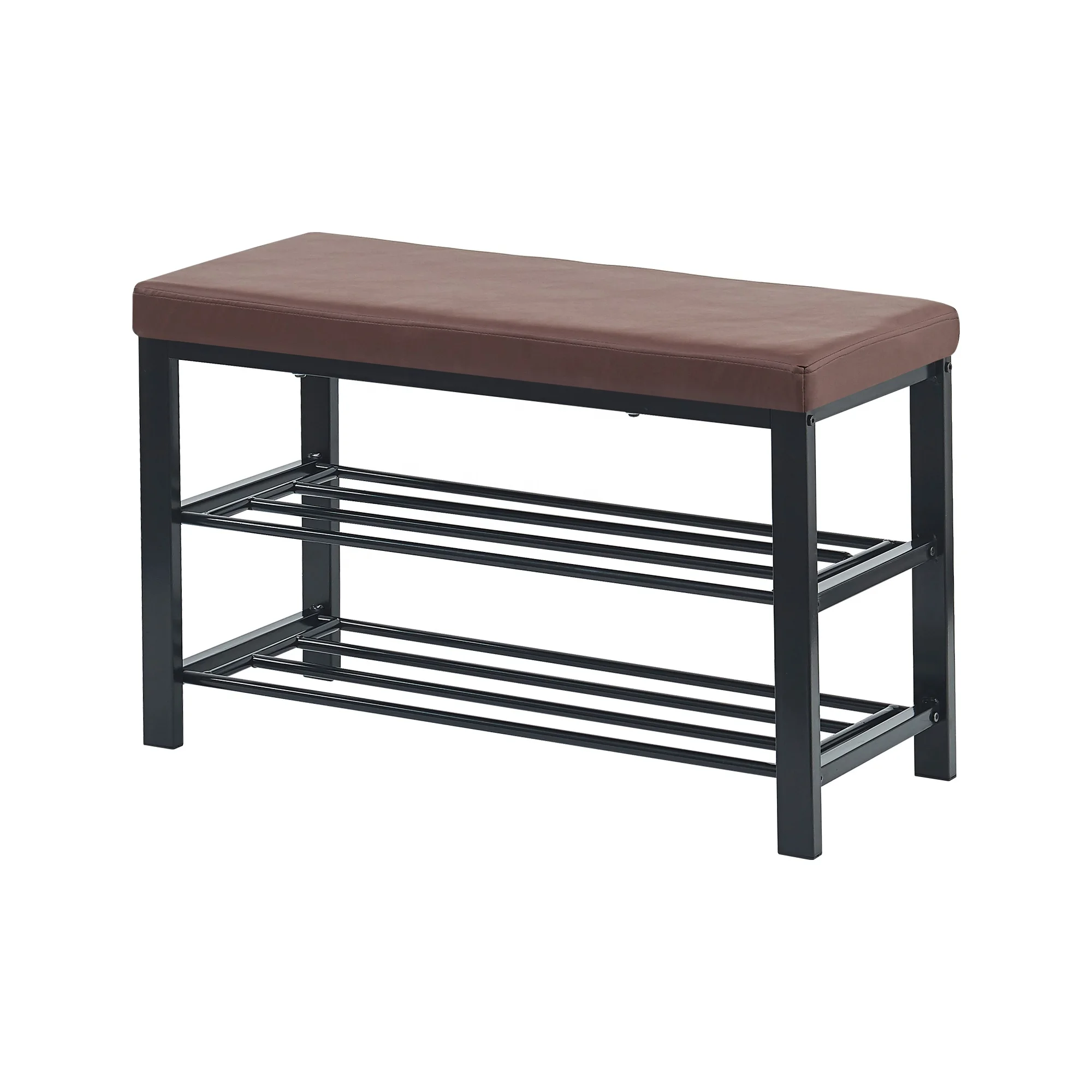 Shoe Bench 3-Tier Rack for Entryway Storage Organizer with Foam Padded Seat Faux Leather Metal Frame Living