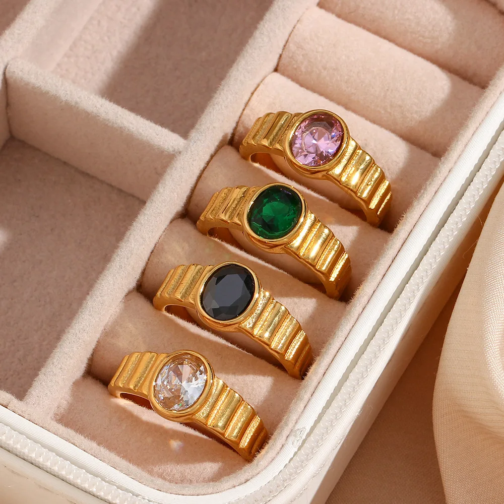

G&D Stainless Steel Ring 18 K Gold PVD Plating Waterproof Finger Ring Jewelry Vintage Colorful CZ Stone Zircon Rings For Women